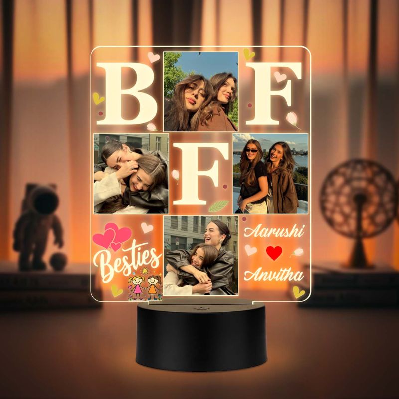 Personalized BFF 3D LED Photo Lamp Custom Photos & Names  3D Illusion Bedside Night Light Friendship Gift for Besties, Sisters Birthday Gift for BFF Warm White Light